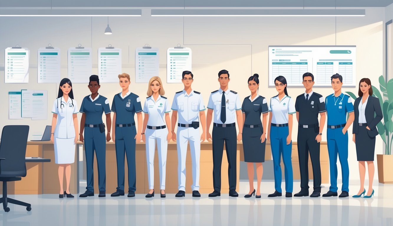 A group of people wearing different professional uniforms standing in a line inside an office environment with documents and checklists visible in the background.