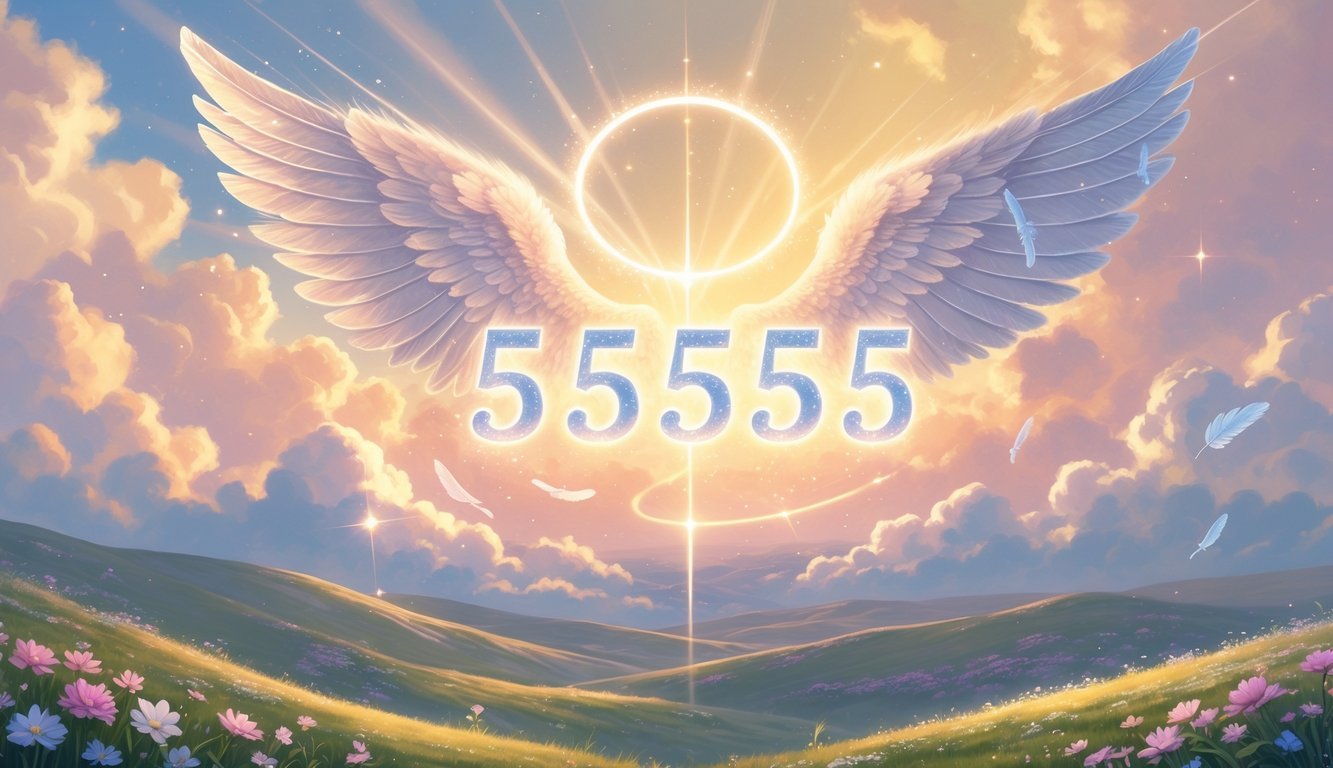 A glowing set of four numbers 5555 with angel wings against a bright sky over rolling hills and flowers, symbolizing guidance and transformation.