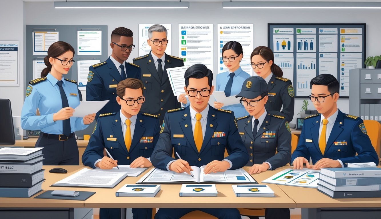 A group of officials and employees reviewing documents and inspecting uniforms in an office setting focused on policy enforcement and allowances.