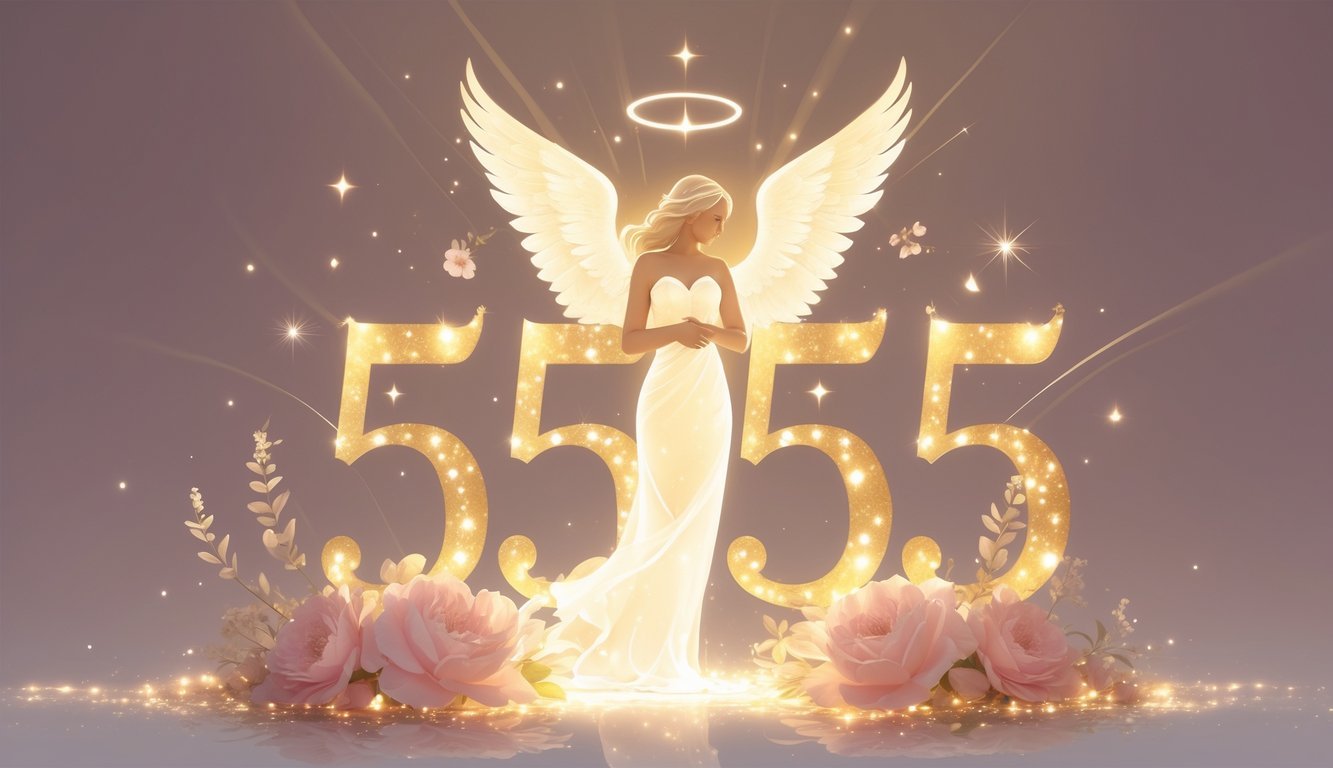 An angel glowing above a couple embracing, surrounded by soft golden light and the numbers 5555 formed by shimmering light patterns in a warm, serene setting.