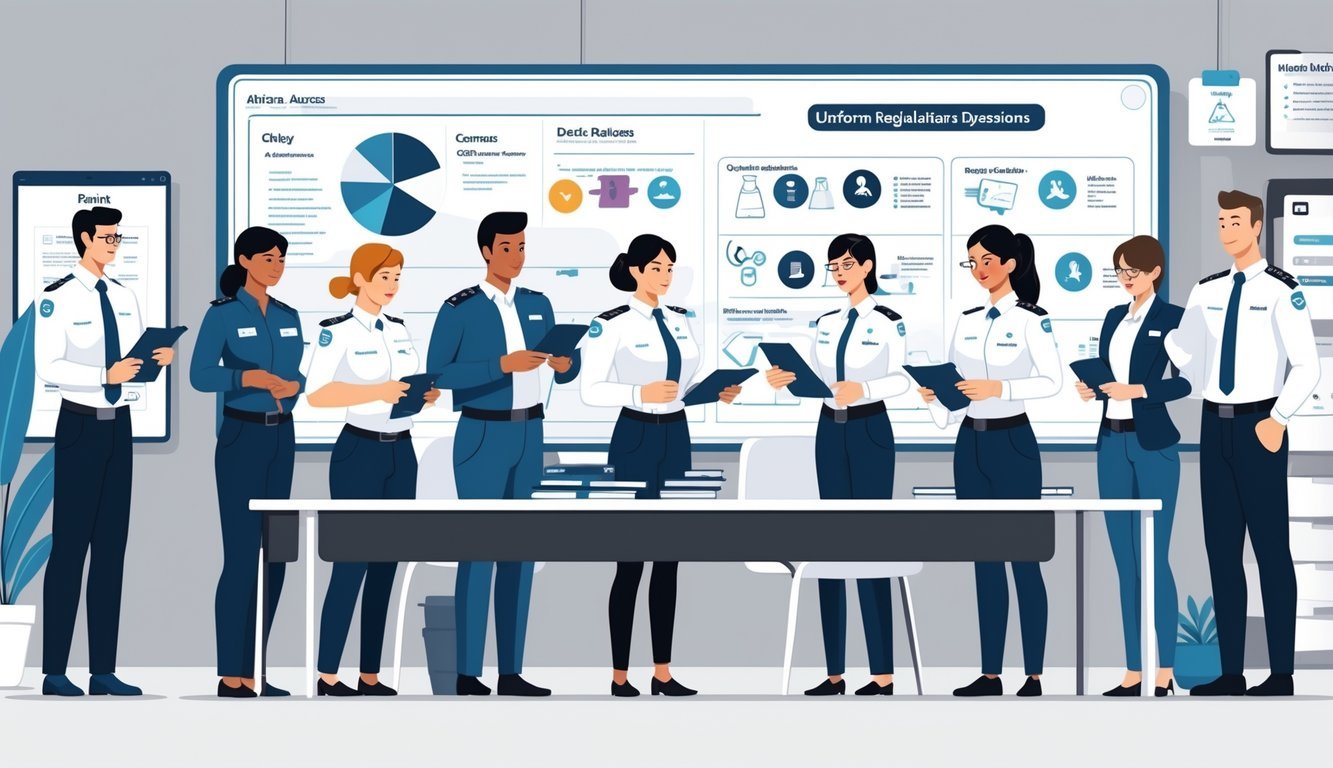 A group of employees in uniforms gathered around a table reviewing uniform items and documents in a modern office setting.
