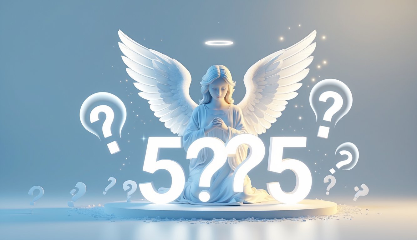 A glowing angelic figure with white wings surrounded by four large glowing number fives and floating question marks on a soft blue and white background.