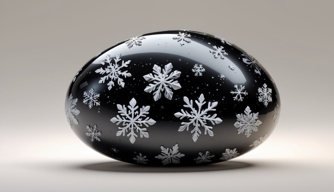 A polished black stone with white snowflake-like patterns on its surface.