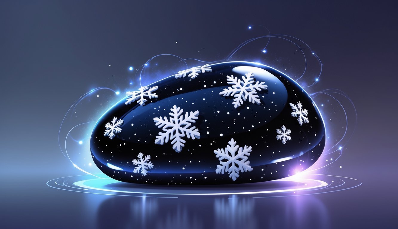 A polished black and white snowflake obsidian stone with glowing light effects and geometric shapes surrounding it on a dark blue and purple background.