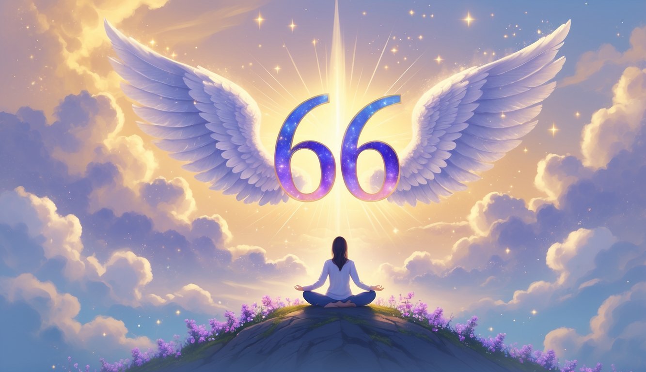 A glowing number 66 with angel wings floating above a meditating person on a mountaintop surrounded by flowers and light.