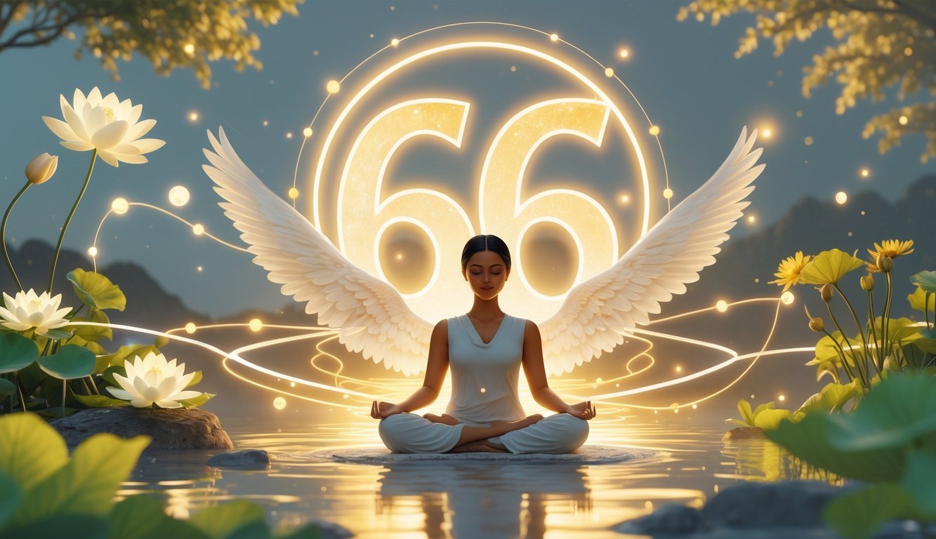 A peaceful figure meditates surrounded by glowing symbols of spiritual growth, connected human silhouettes, blooming plants, and soft golden light in a natural setting.