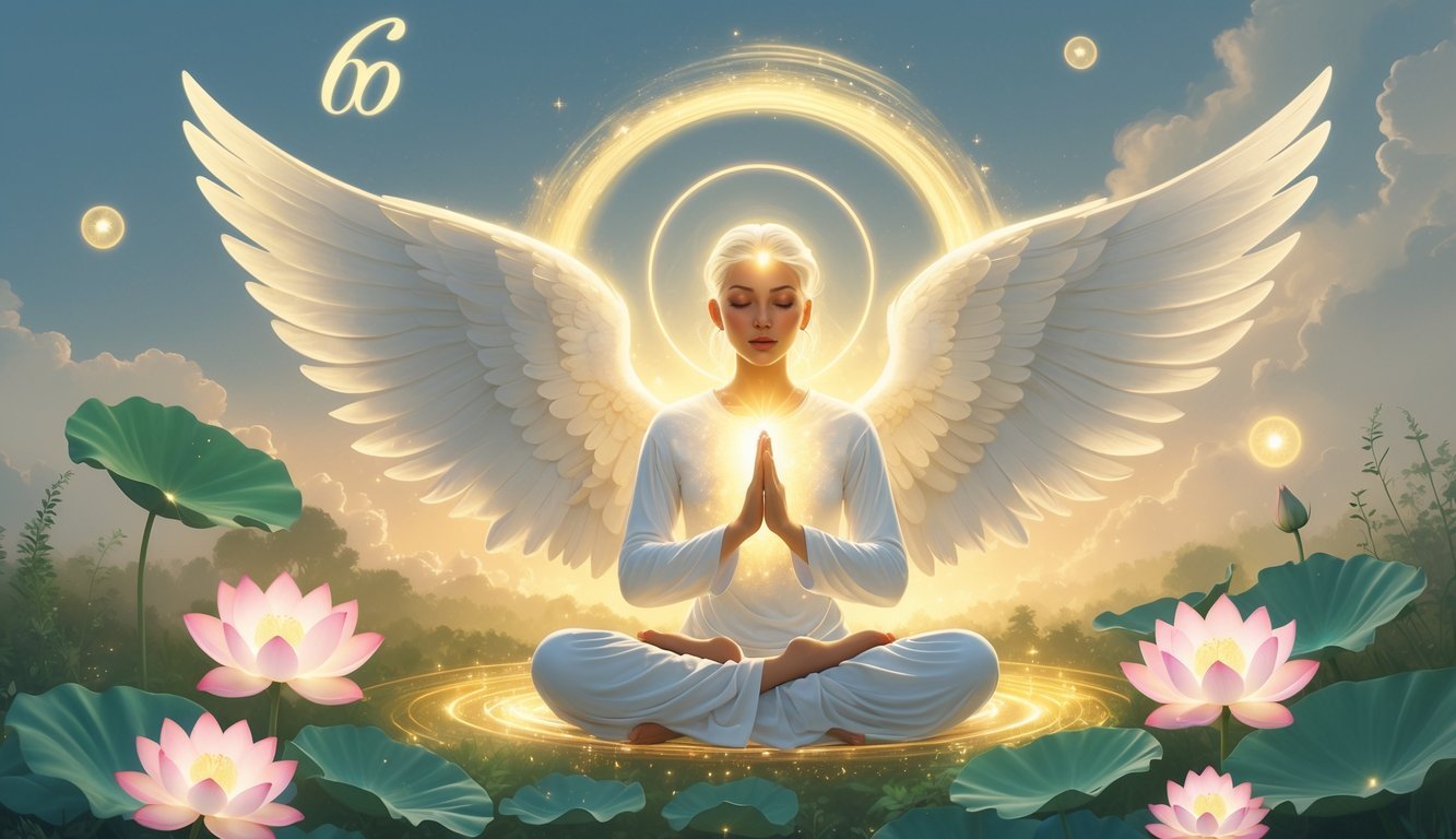 A glowing figure meditating surrounded by angelic wings, lotus flowers, and floating lights in a peaceful natural setting symbolizing spiritual growth.