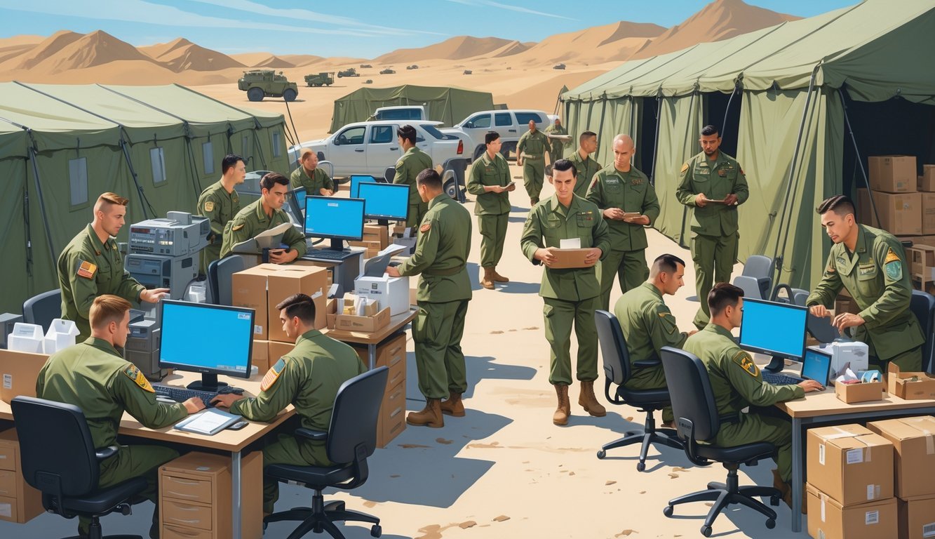 A group of military personnel performing various support roles such as working on computers, organizing supplies, and operating radios at a military base.