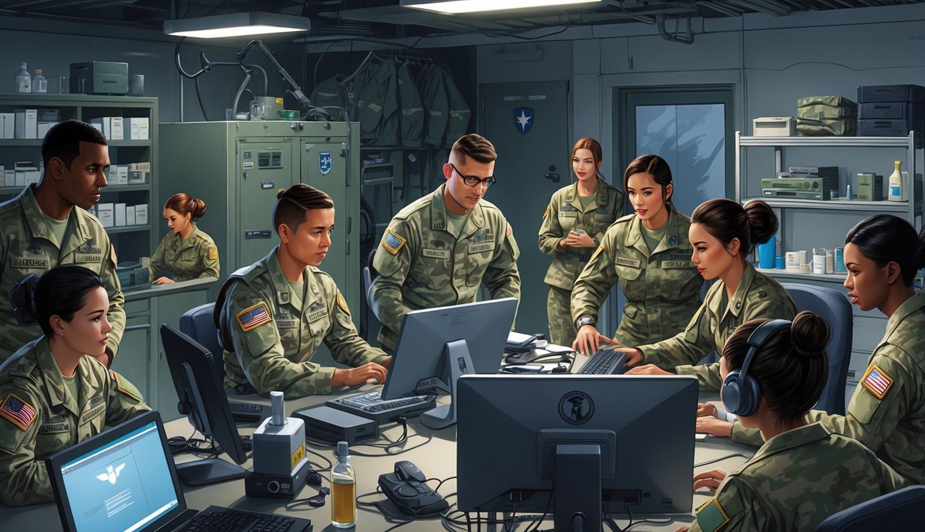 A group of military personnel performing various support roles inside a base, including communications, medical aid, and logistics, working together to support military operations.