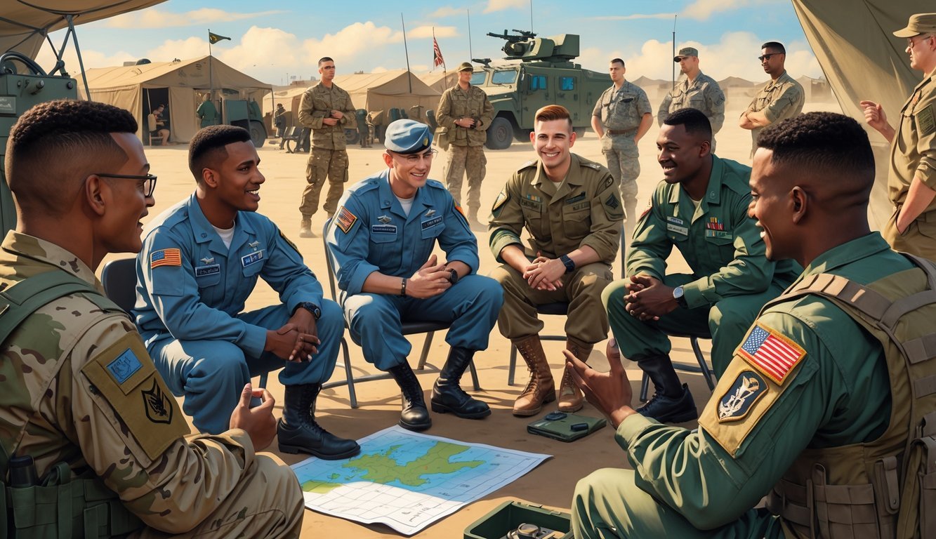 A group of soldiers in military uniforms are gathered outdoors at a base camp, with one soldier explaining something to the others in a friendly manner.