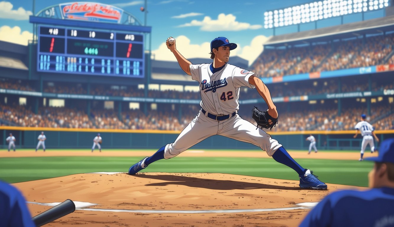 A baseball pitcher throwing a pitch on the mound with a scoreboard and players in the background during the final inning of a game.