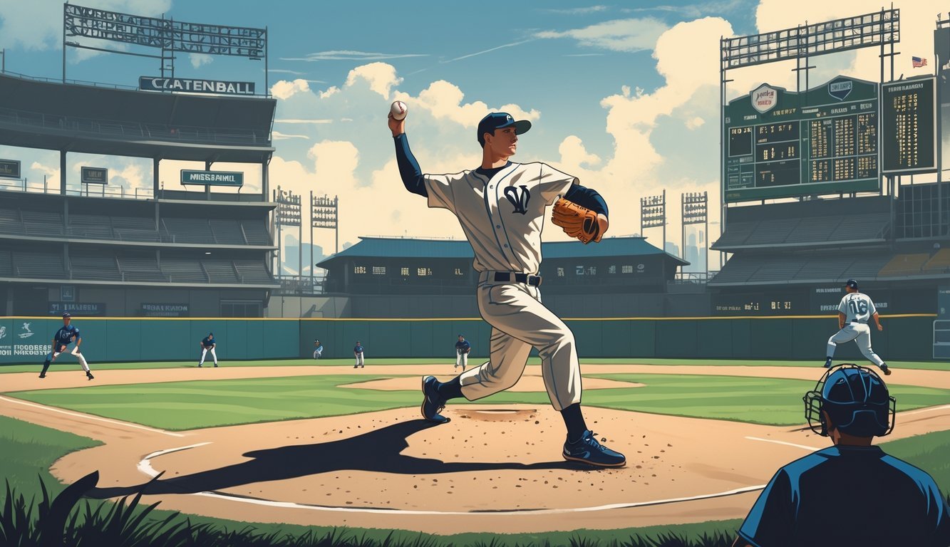 A baseball pitcher throwing a pitch on a field that blends a vintage stadium and a modern stadium, with a catcher, umpire, and scoreboard showing a full nine innings.