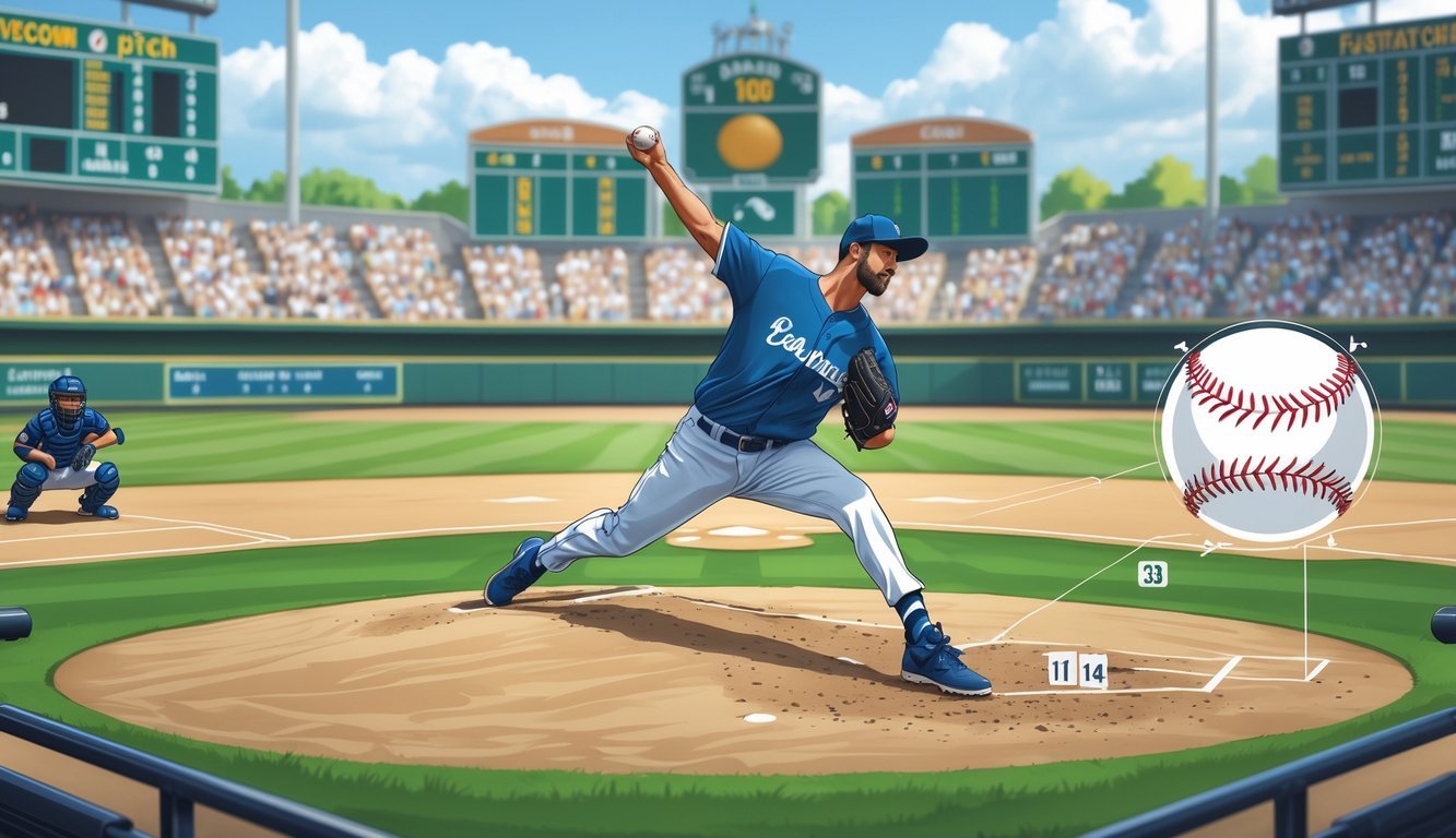 A baseball pitcher throwing a pitch on the mound with a catcher ready behind home plate in a stadium setting.