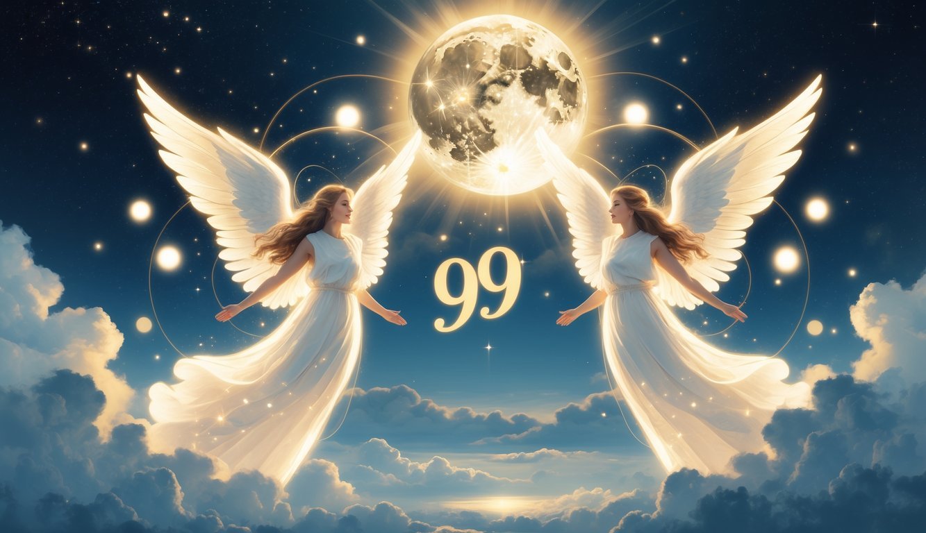 Two glowing angelic figures hover above a peaceful landscape with a starry sky and full moon, surrounded by soft light and sparkles symbolizing spiritual energy.