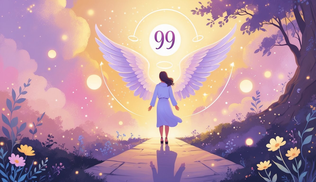 An angel with glowing wings guides a person standing at a crossroads surrounded by blooming flowers and soft glowing lights, symbolizing life changes and new opportunities.