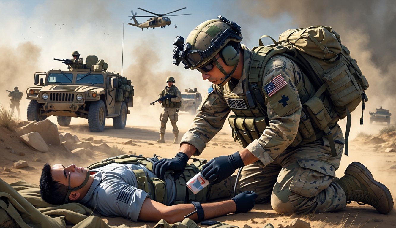 A soldier in combat gear providing first aid to a wounded soldier on a battlefield.