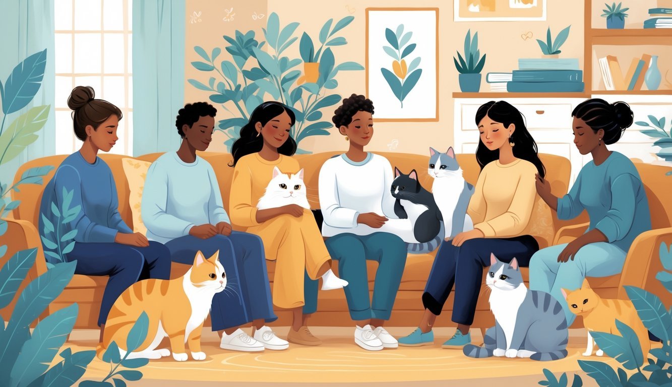 People sitting in a cozy room interacting peacefully with therapy cats, showing comfort and emotional support during a mental health recovery session.