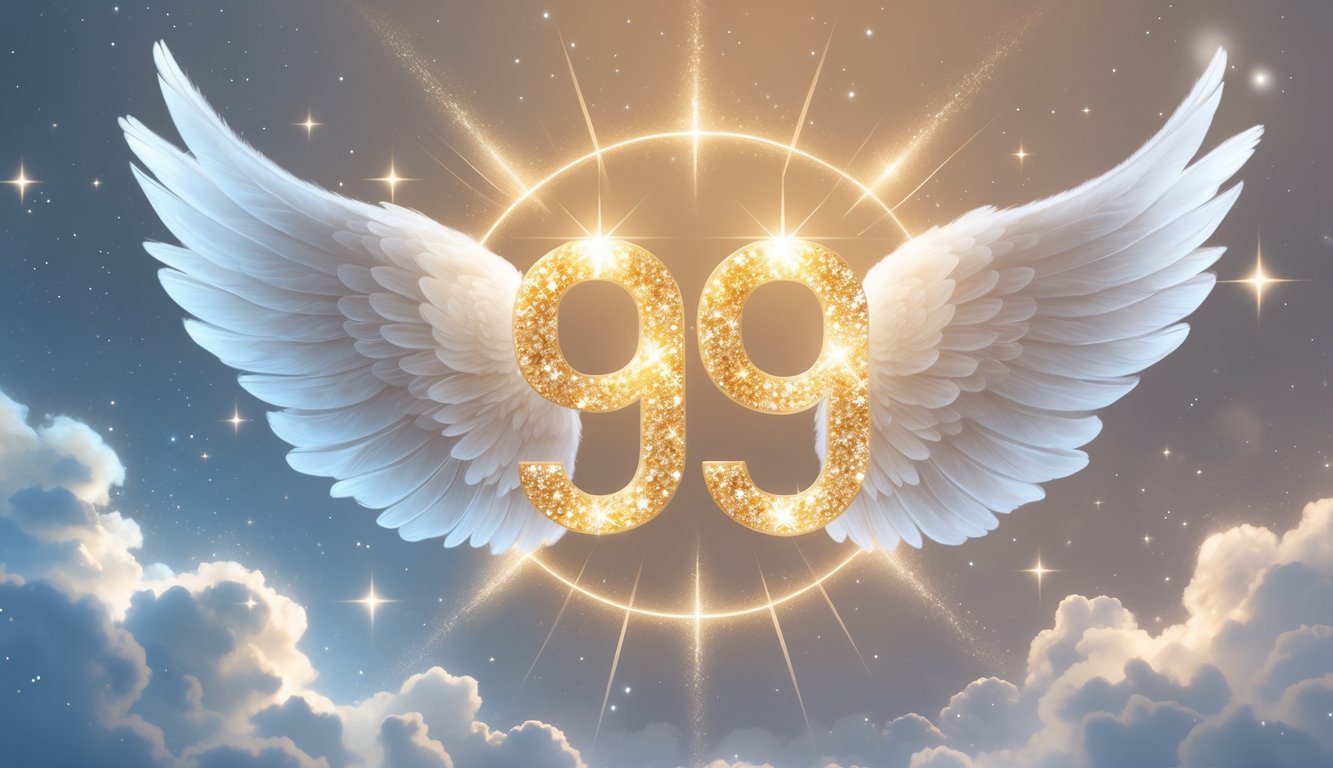 A glowing golden number 99 with angel wings floating in a calm, starry sky surrounded by soft light beams.