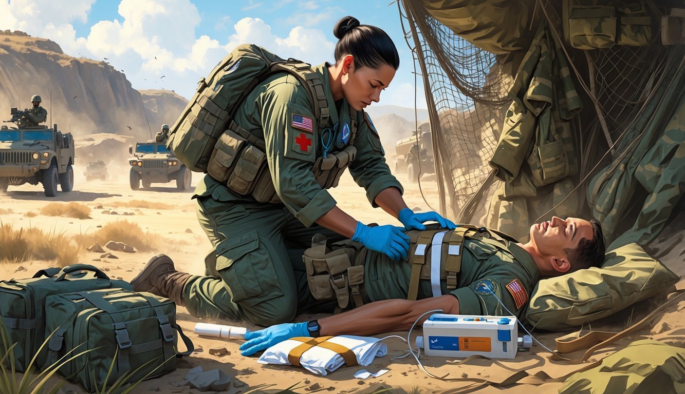 A combat medic in military uniform providing first aid to a wounded soldier on a battlefield, surrounded by medical supplies and military equipment.