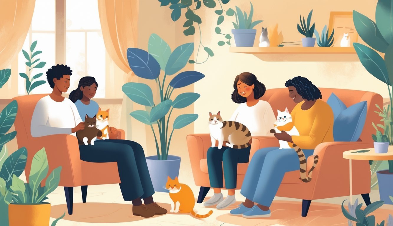 People in a cozy room interacting with cats, showing comfort and companionship during mental health recovery.