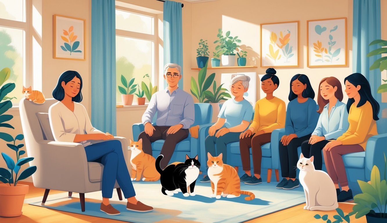 A therapist and a group of people interacting with calm cats in a cozy therapy room designed for mental health recovery.