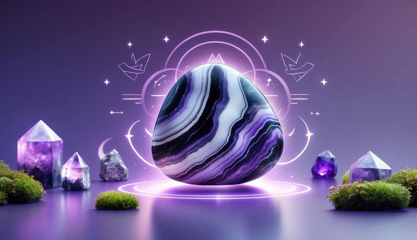 A polished Merlinite gemstone with black and white swirls on a reflective surface surrounded by glowing runes and mystical light, set against a dark purple and blue background with small crystals and ancient symbols around it.