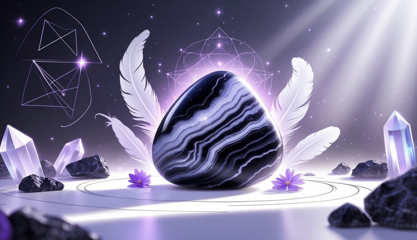 A polished merlinite stone glowing softly with mystical energy, surrounded by subtle light waves and spiritual symbols in a peaceful, natural setting.