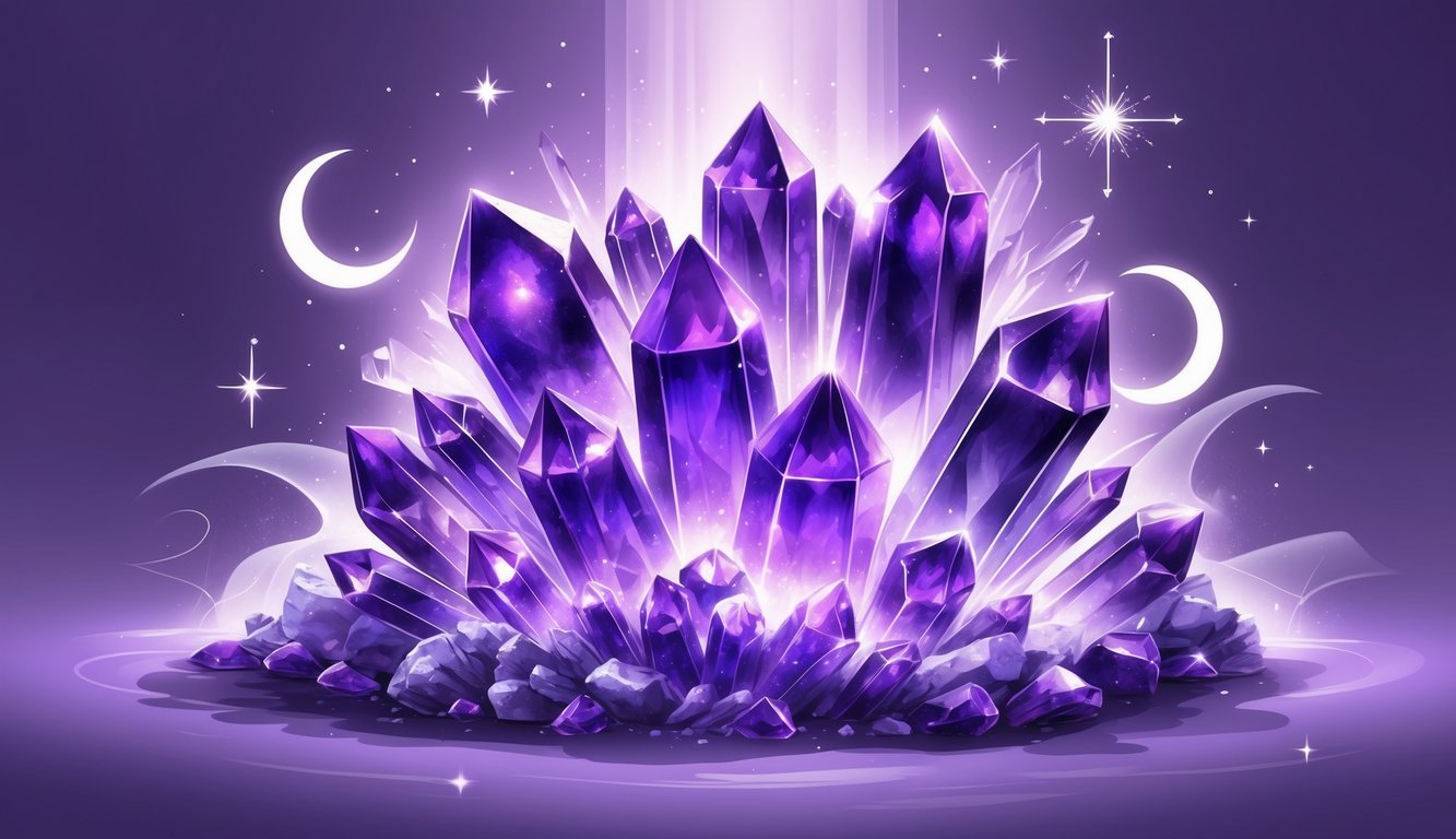 A cluster of glowing purple crystals surrounded by mystical symbols and soft light, representing spirituality and healing.