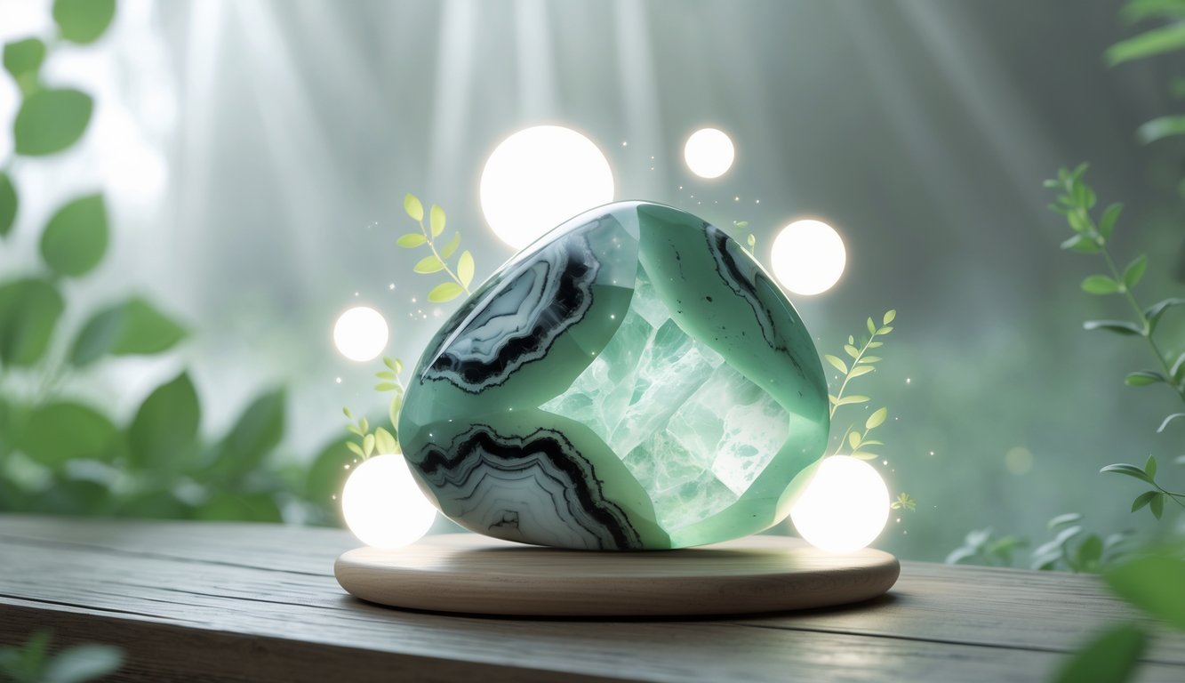 A polished merlinite stone on a wooden surface surrounded by glowing orbs of light with a soft natural background.