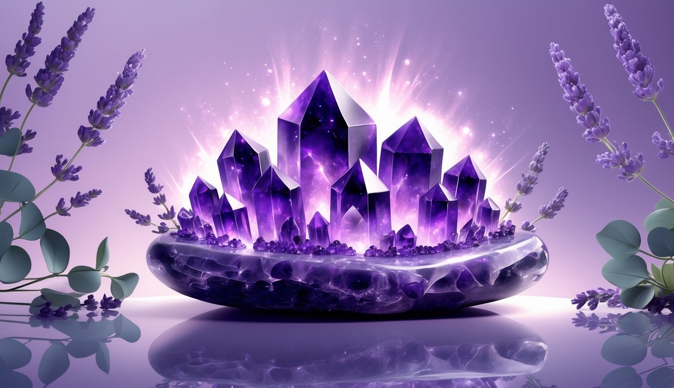 A cluster of purple amethyst crystals surrounded by lavender and eucalyptus leaves on a reflective surface with soft purple light glowing around them.