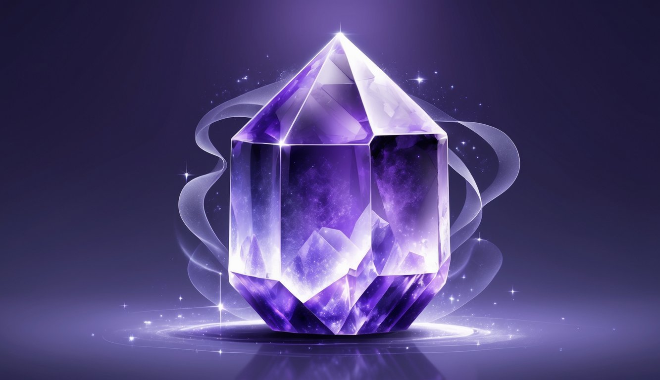 A large glowing purple crystal surrounded by soft light and sparkles against a dark violet background.