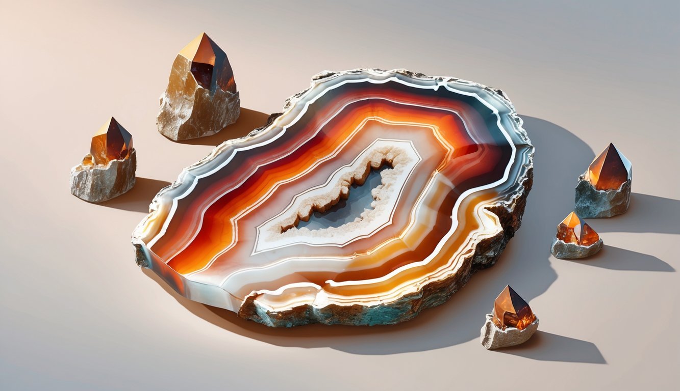 A polished slice of agate crystal showing colorful layered bands, surrounded by smaller raw agate crystals on a neutral background.