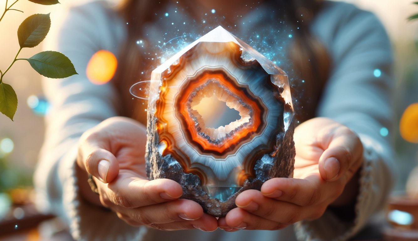An agate crystal with banded patterns surrounded by hands, glowing auras, leaves, and water droplets symbolizing healing, protection, and harmony.