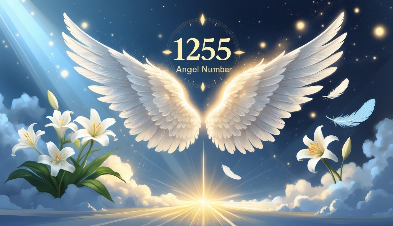 A glowing pair of angel wings surrounded by white lilies, a compass, and floating feathers against a soft celestial background.