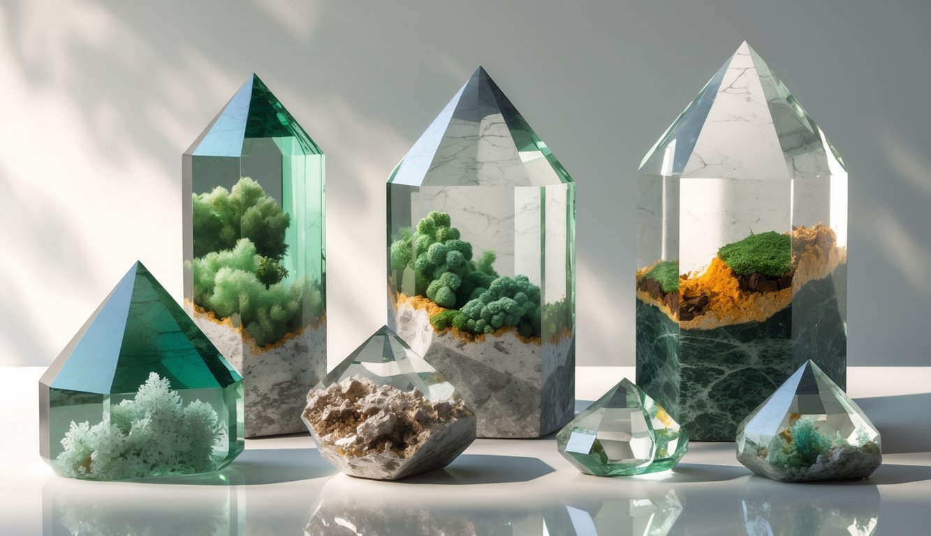 A detailed illustration showing several lodolite quartz crystals with various colorful mineral inclusions inside them.