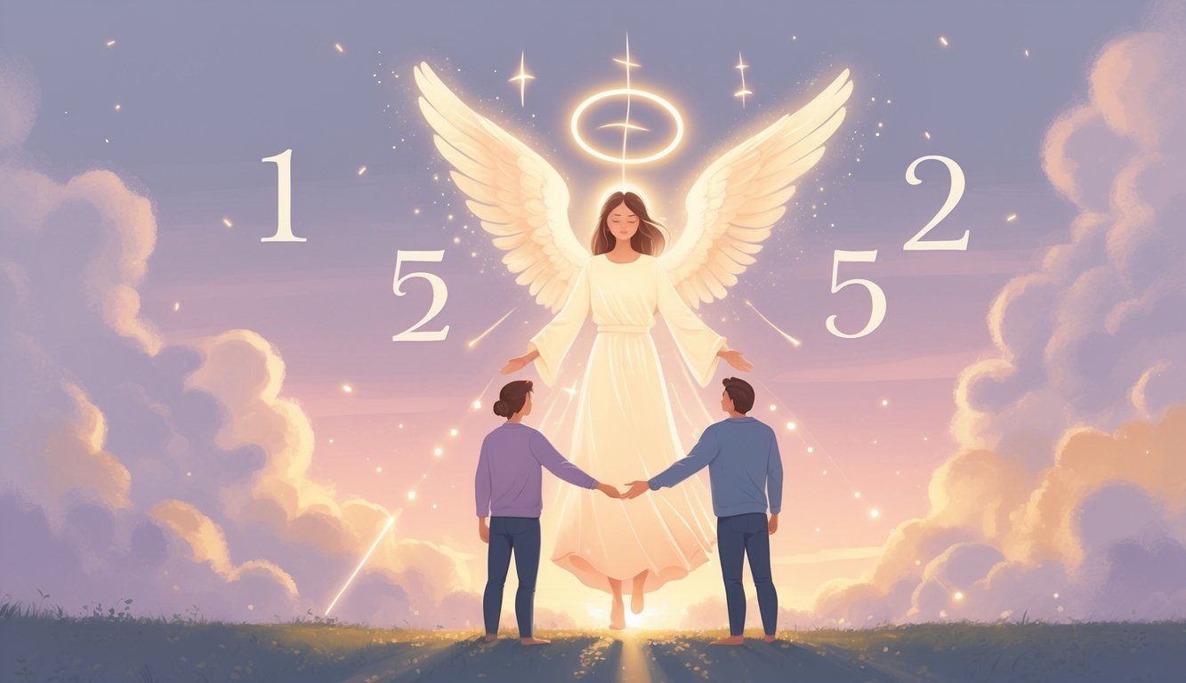 An angelic figure glowing softly above two people reaching out to each other with a calm sunrise sky in the background.