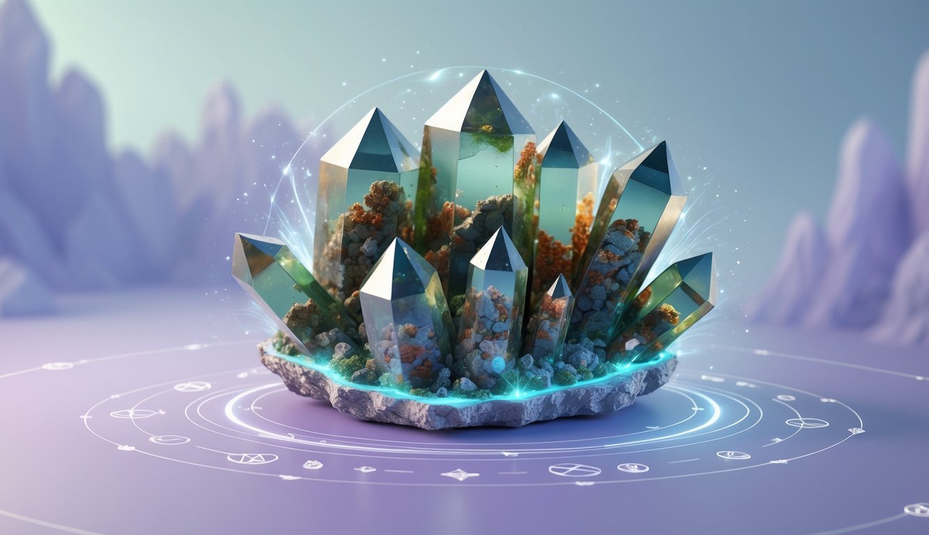 A detailed illustration of lodolite crystals with green and reddish inclusions surrounded by soft glowing light and abstract energy symbols on a calm blue-purple background.
