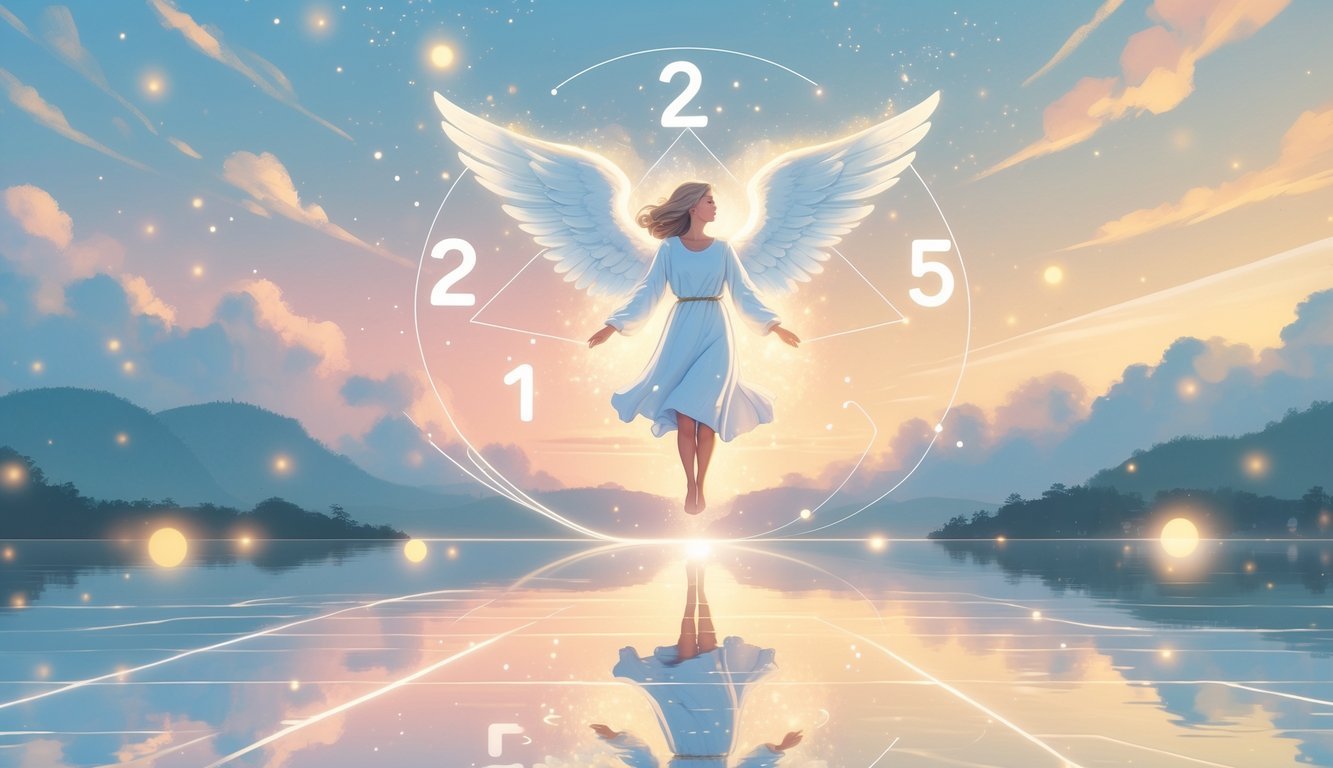An ethereal angel hovering above a calm lake at dawn, surrounded by glowing orbs and soft light, with a serene sky in the background.