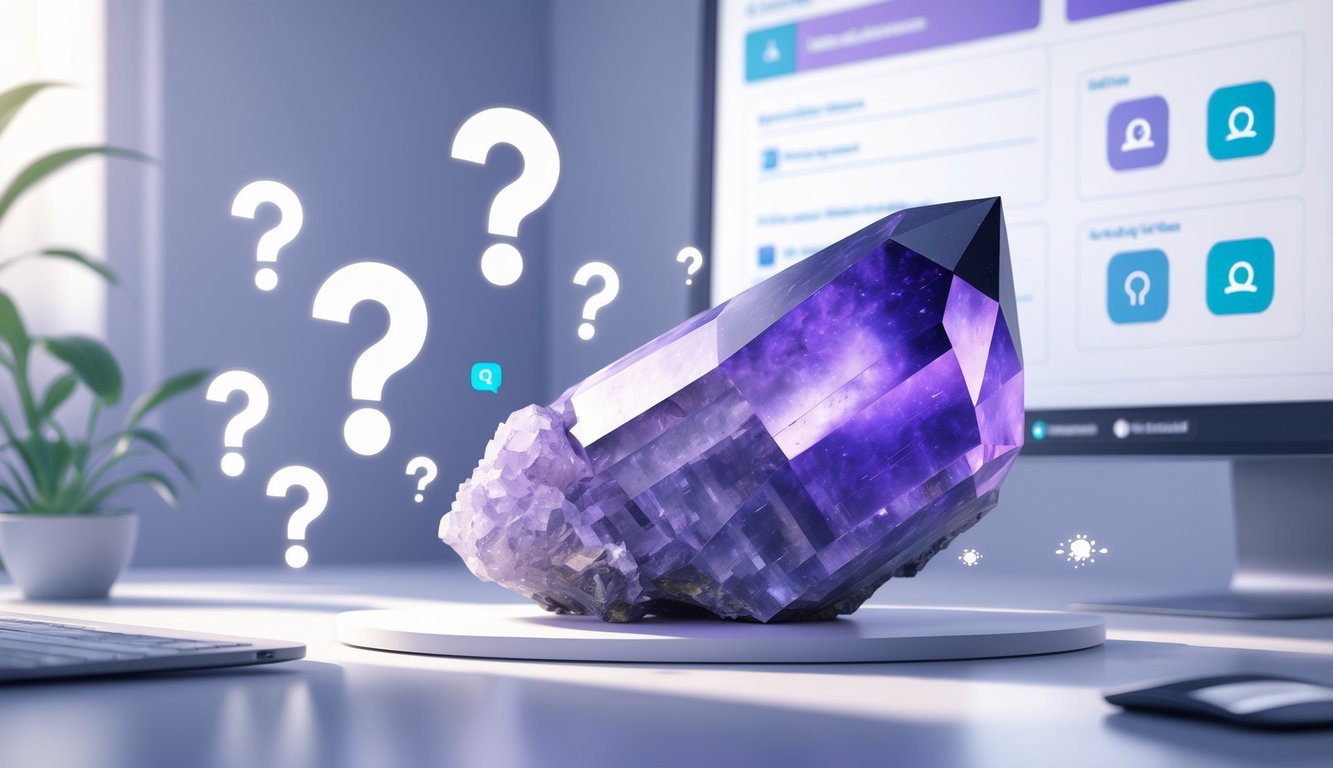 A workspace with a large lodolite crystal on a desk surrounded by floating question and answer icons, with a blurred digital interface in the background.