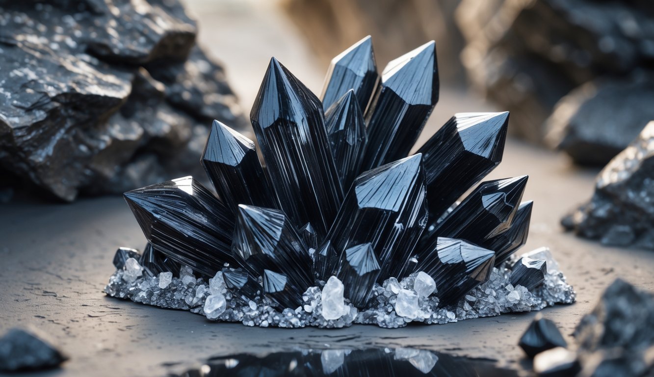 A cluster of sharp black kyanite crystals with metallic sheen resting on rough rock formations.