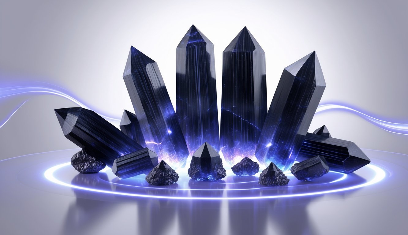 Black kyanite crystals arranged on a reflective surface with glowing energy waves around them.