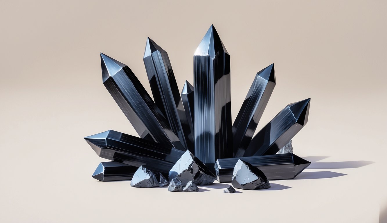 A detailed illustration of black kyanite crystals arranged on a soft background, showing their elongated, striated blades and dark metallic color.