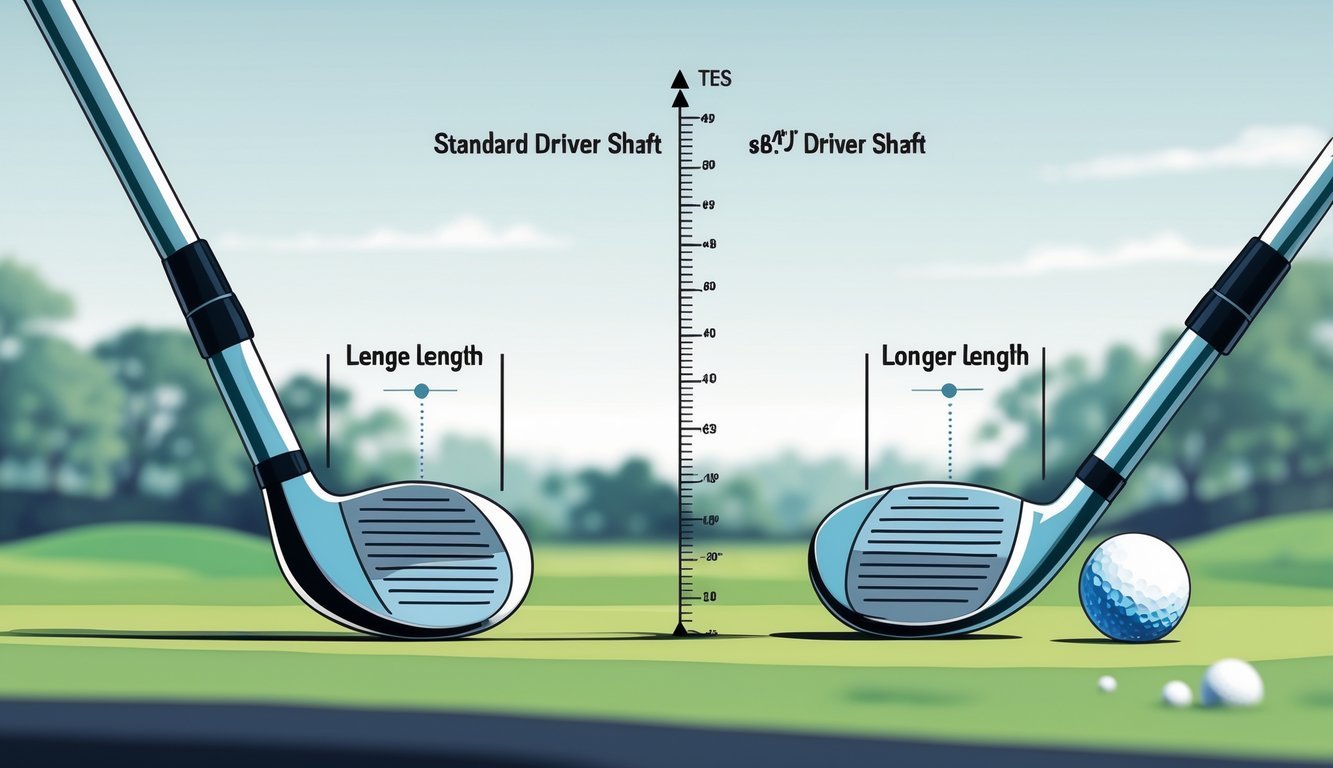 Two golf driver shafts side by side showing different lengths with a golf ball and tee in the background.