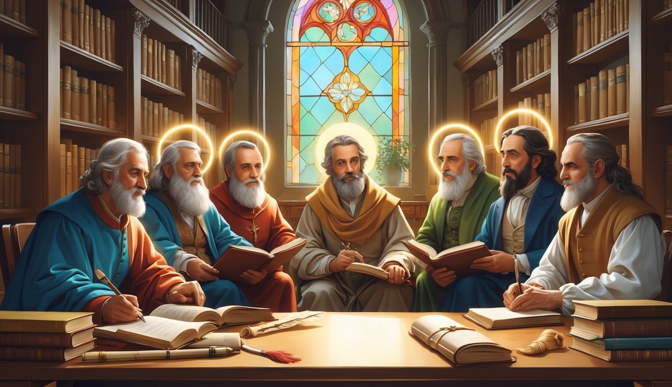 Six historical Christian authors gathered in a library, surrounded by books and soft light, engaged in writing and discussion.