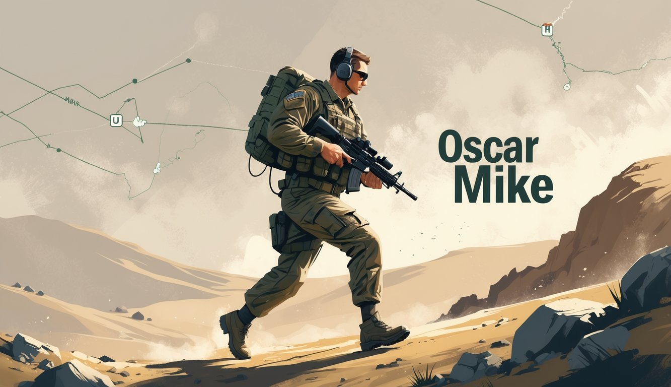 A soldier in tactical gear walking purposefully across rough terrain with a radio headset and a faint map overlay in the background.