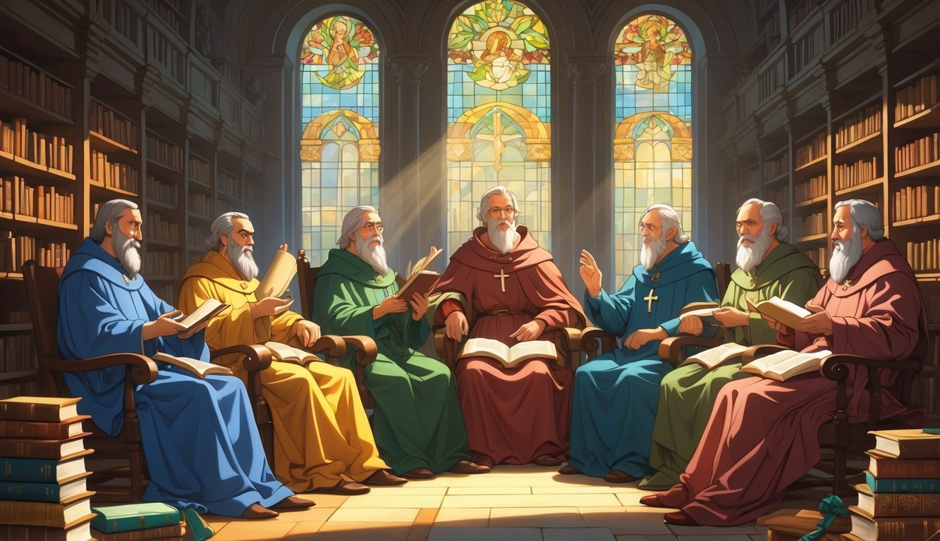 Six historical Christian authors gathered in a grand library filled with ancient books, engaged in thoughtful discussion surrounded by warm light and classical architecture.