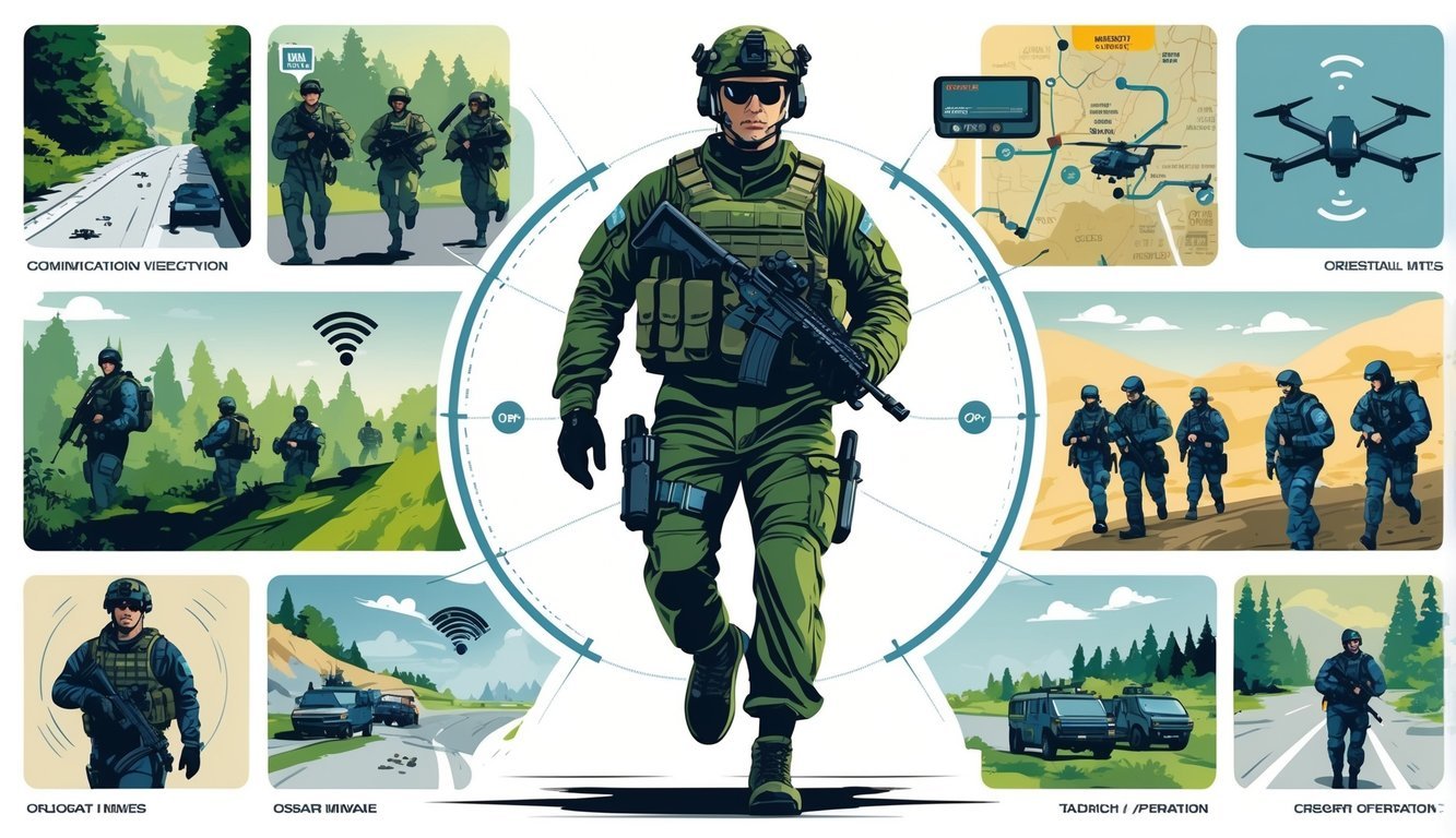 A soldier in motion surrounded by scenes of teamwork, navigation, communication, and tactical support in different environments.