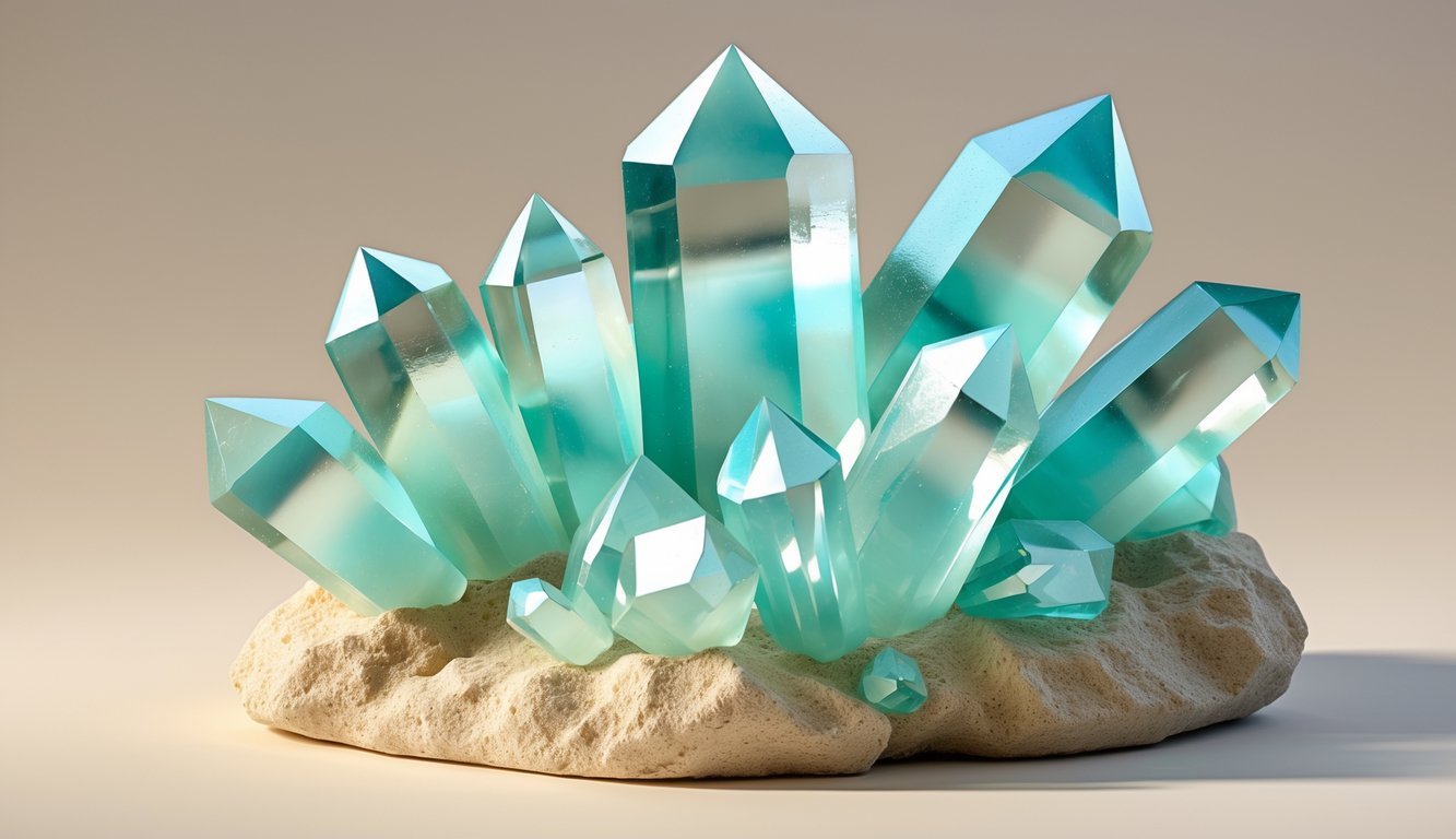 A close-up view of a cluster of translucent bluish-green calcite crystals on a sandy beige rock.