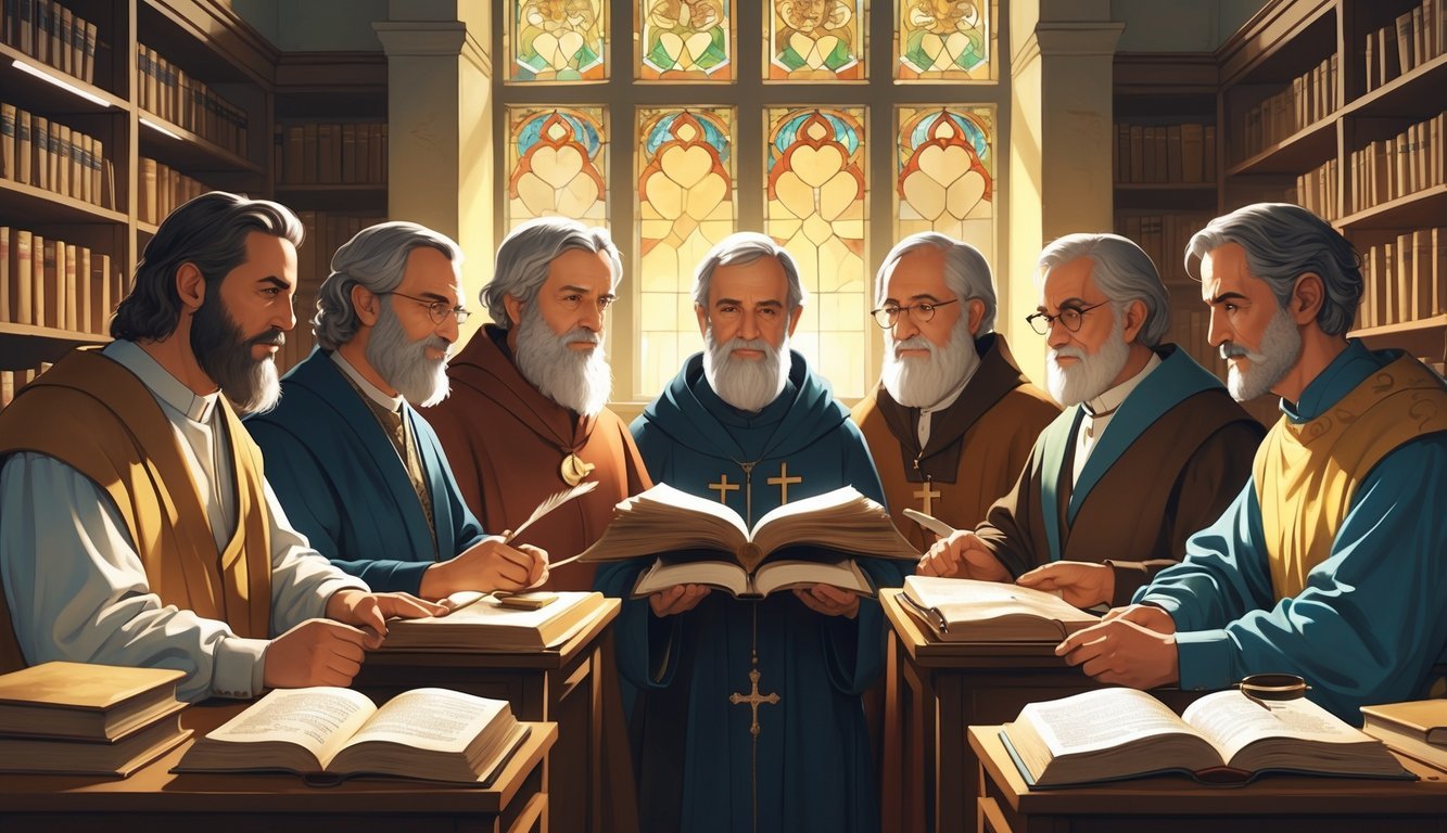 Six historical Christian authors seated and standing in a library surrounded by books, each holding a book or scroll, conveying wisdom and scholarship.