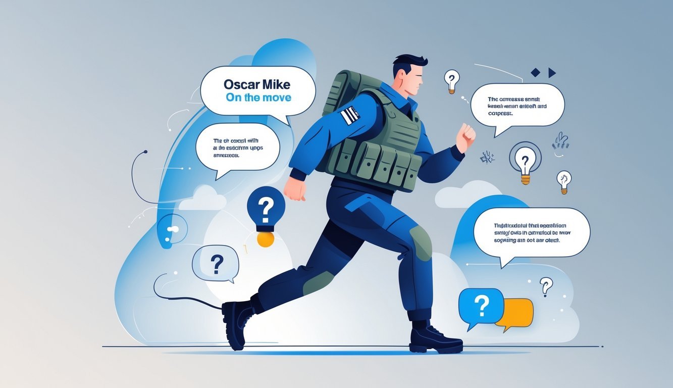 A military figure in tactical gear moving forward surrounded by abstract icons representing questions and explanations.